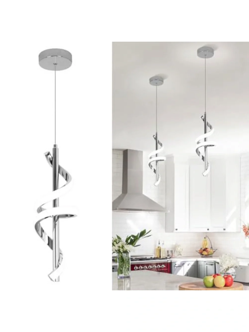 Modern Spiral LED Pendant Light in Chrome and White